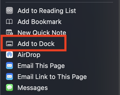 Safari Add to Dock option